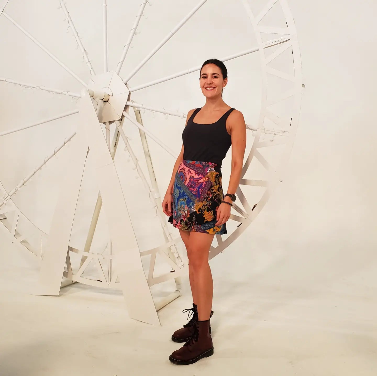Customer wearing paisley skirt at Sip Shop Eat Pop-up event