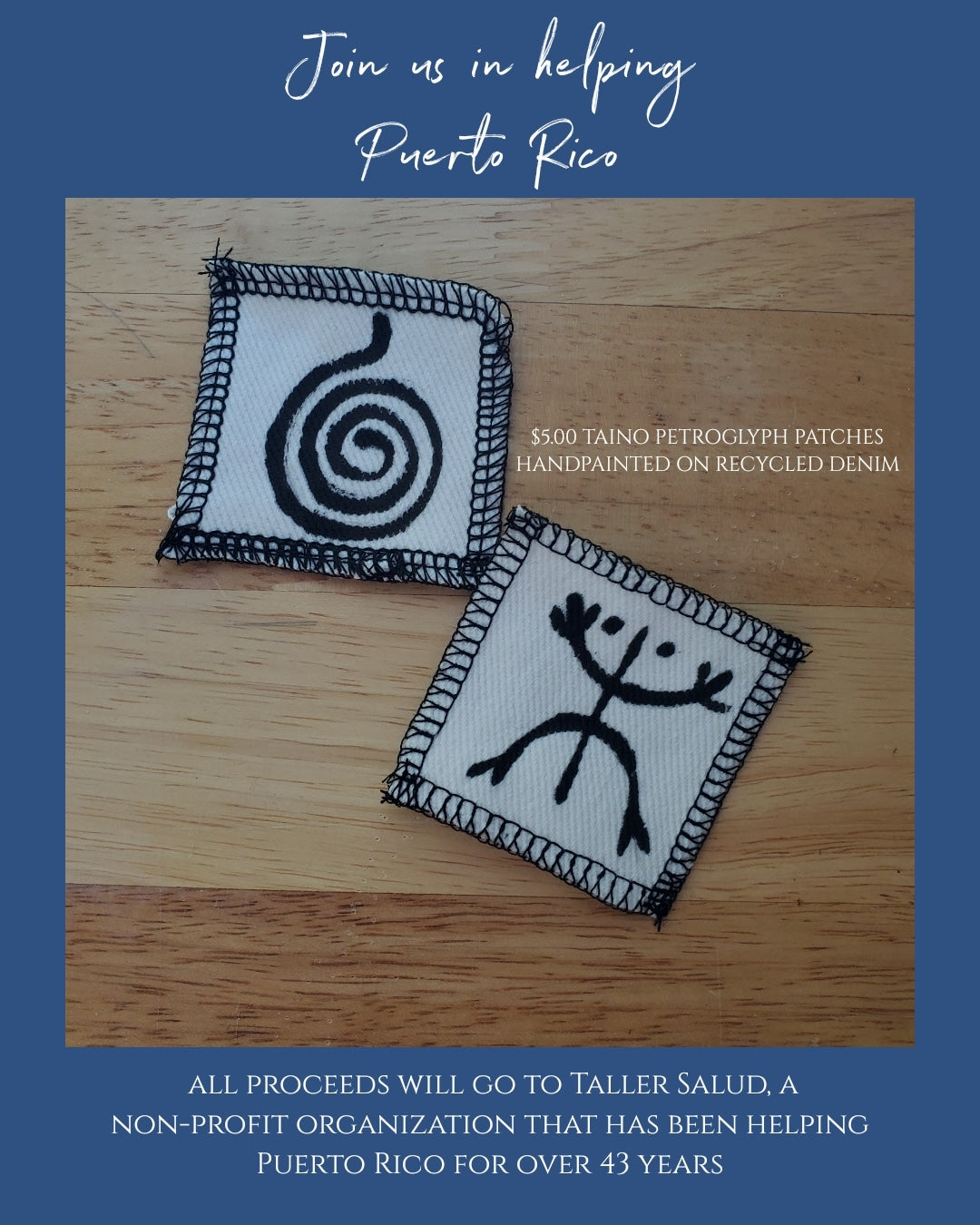 Hand painted iron-on patches made from recycled denim. Coqui and water petroglyph symbols available.